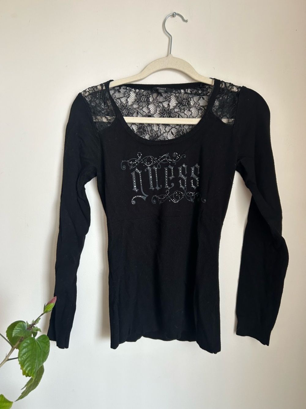 Guess Black Lace Yoke Long Sleeve Tee with Embellished Logo